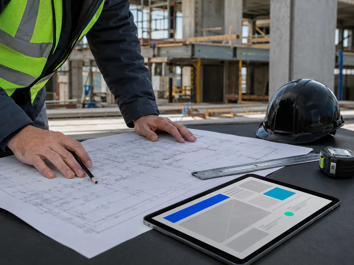 A construction professional reviewing plans and a website layout on site