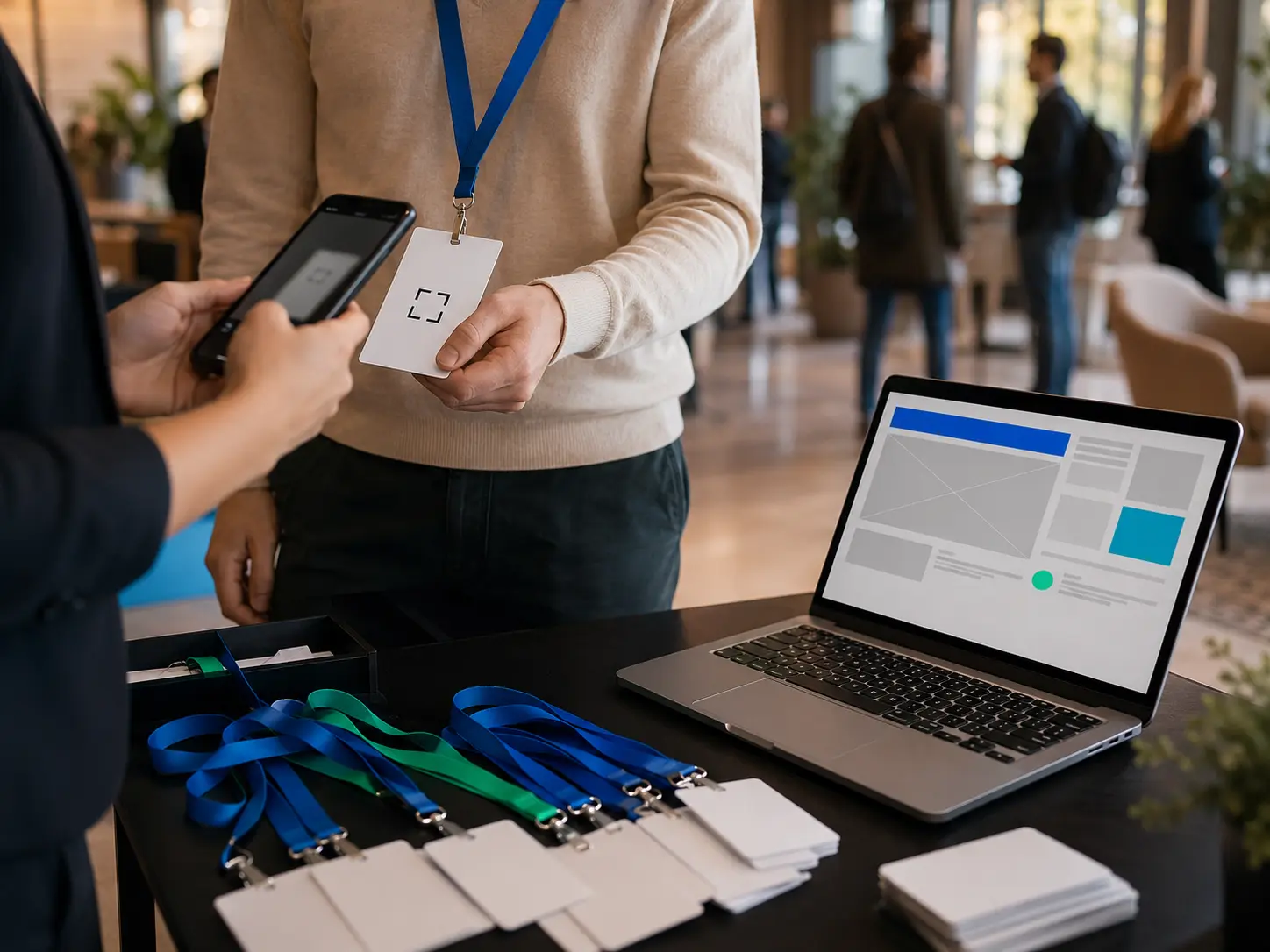 An attendee badge being checked at an organised event registration desk