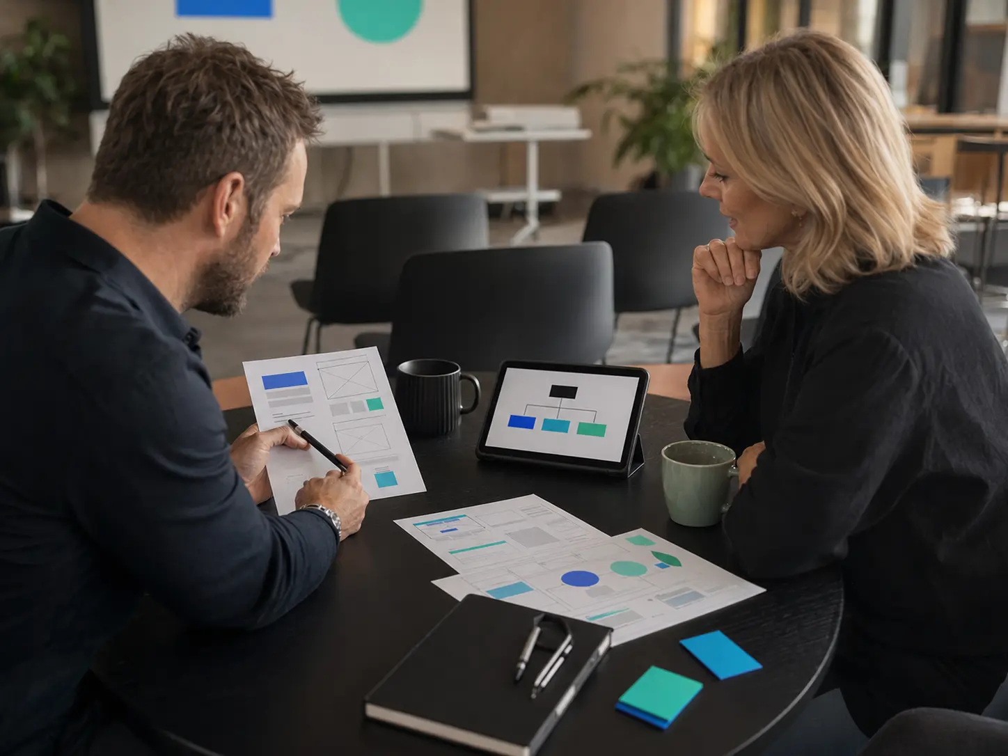 Two people planning an organisation website and content structure